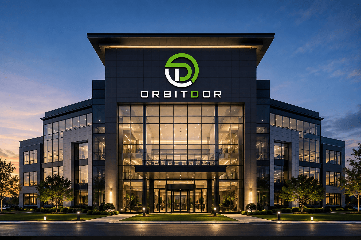 Architectural illustration of a building with Orbitdor branding